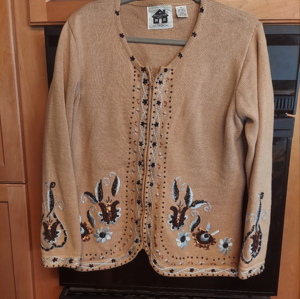 Storybook zip sweater highly detailed beading trim beige tan medium